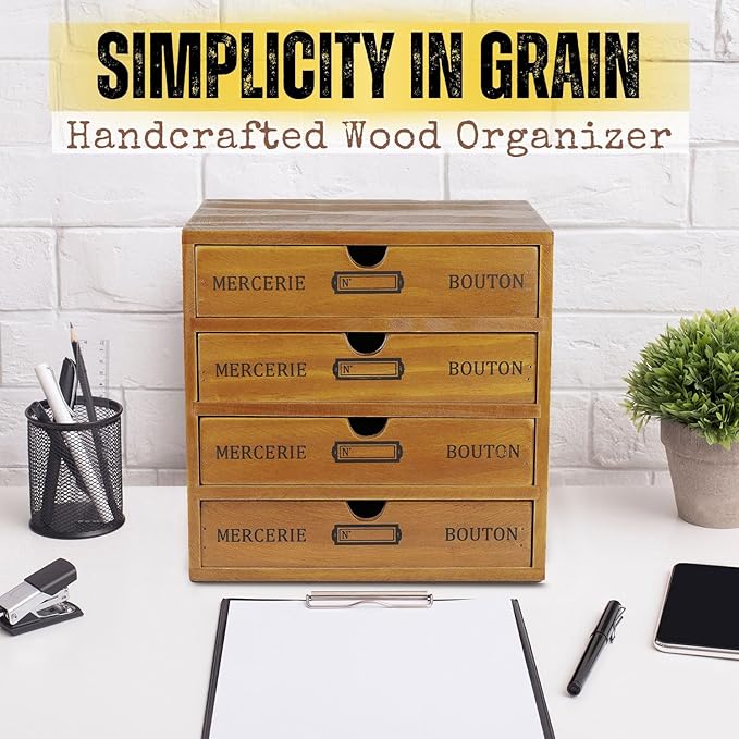 Flexzion Desktop Storage Box with Drawers - Wooden 4 Drawer Organizer Card Catalog Cabinet, No Assembly Required, Pine Wood Vintage Tabletop for Home and Office Accessories