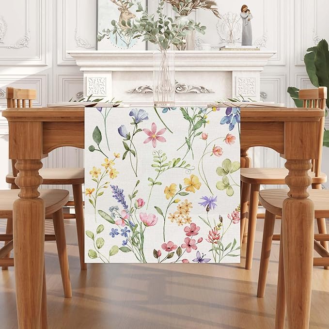 Watercolor Flowers Spring Table Runner Spring Summer Easter Flower Floral Home Kitchen Dining Room Table Decorations 13x72 Inch