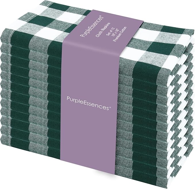 PurpleEssences Buffalo Plaid Cloth Napkins - Mitered Corners - Spring Easter Summer - Gingham Check Dinner Napkin - Set of 12-100% Cotton - 18x18 Inch - Reusable Washable - Forest Green and White