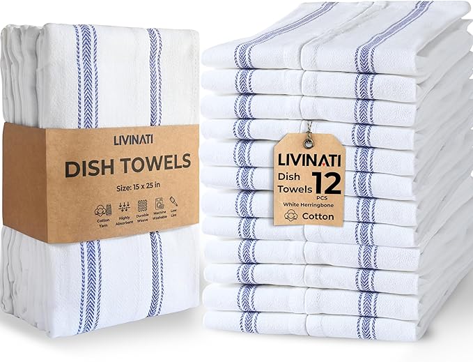 Bulk Kitchen Towels Cotton for Chefs in Commercial Restaurants - 15"X25" - 12 Pack - White Linen Tea Dish Towels - Lint Free Soft Absorbent Side Blue Striped Herringbone Weave Towles