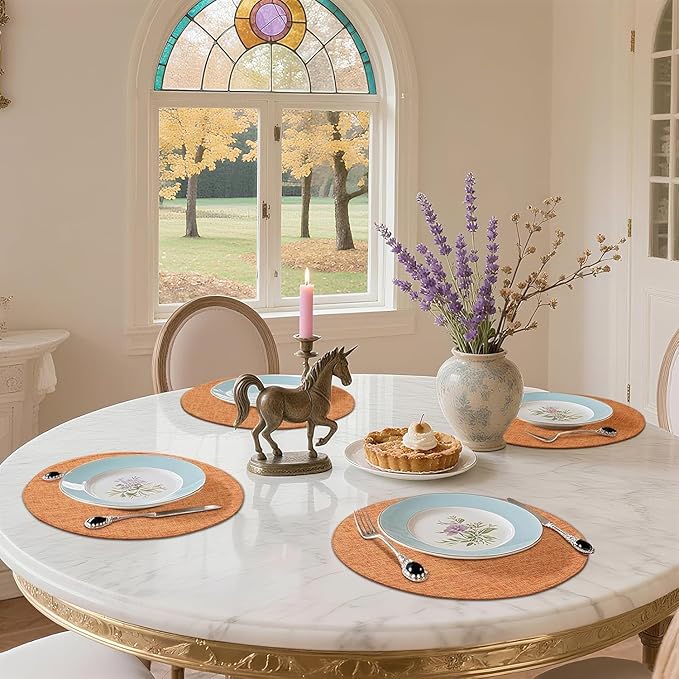 homing 15 Inch Round Cloth Placemats Set of 4, Cotton Linen Blend Washable Table Mats, Farmhouse Dining Place Mats for Indoors & Outdoors, Easy to Clean, Orange