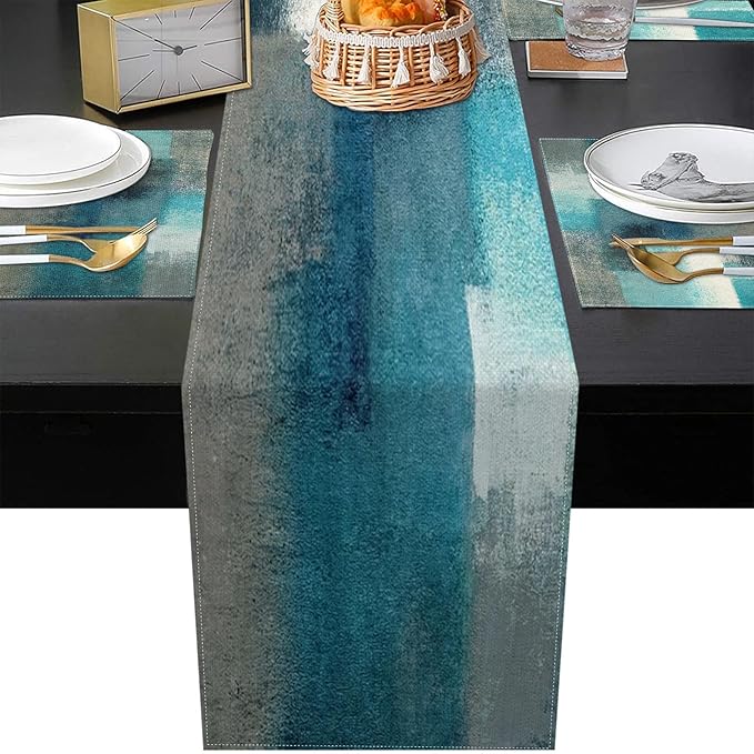 ArtSocket Farmhouse Table Runner and Placemats Set of 6, Abstract Green Blue Grey Teal Painting Art Dining Decor for Daily Use(1 Table Runner 72 inches Long and 6 Placemats)
