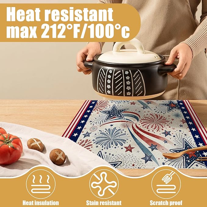 4th of July Placemats Set of 6, American Star Linen Place Mat Washable Stain Resistant Table Mats for Farmhouse Kitchen Dining Holiday Party Wedding Decor 12x18 Inch