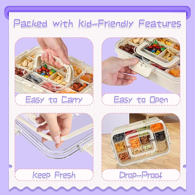 Xyptorix Snack Box Container for Kids - Adjustable 12-Compartment Snack Containers, Reusable Bento Box, Dishwasher Safe, BPA-Free, Perfect for School, Travel, Camping & Picnic, Ivory White