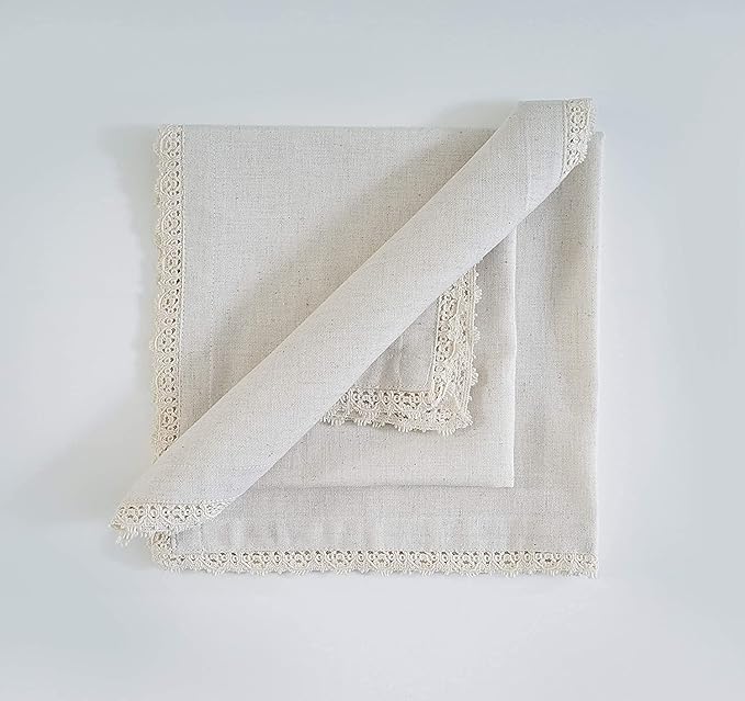 Fingercraft Dinner Napkins Cloth Cotton Blend 12 Pack Premium Quality Mitered Corners Small Table Napkins with Classic Ivory Lace 12 inch Size for Every Day Use in Home and Restaurant Ivory