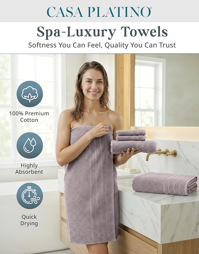 Casa Platino 100% Ringspun Cotton Bath Towel Set - 18 Pcs - Very Soft, Quick Drying & Highly Absorbent - 6 Bath, 6 Wash Cloth, 6 Hand Towels - Ideal for Guests & Perfect for Your Bathroom - Platinum