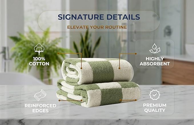 Madi-Cadi 100% Cotton Checkerboard Towels Set of 2, Farmhouse Kitchen & Guest Bathroom Towels, 13 x 29 Inches, Highly Absorbent Lint-Free Dish & Hand Towels with Double-Stitched Hems(Green)