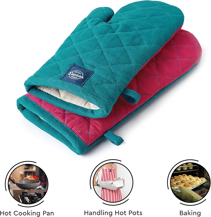 Encasa XO Heat Resistant Cotton Oven Gloves Mitts (2 Pc Set) - Quilted & Safe 12x6.6 in - for Kitchen, Cooking & Baking, Grilling, Handling Hot Pots & Pans - Azul Blue