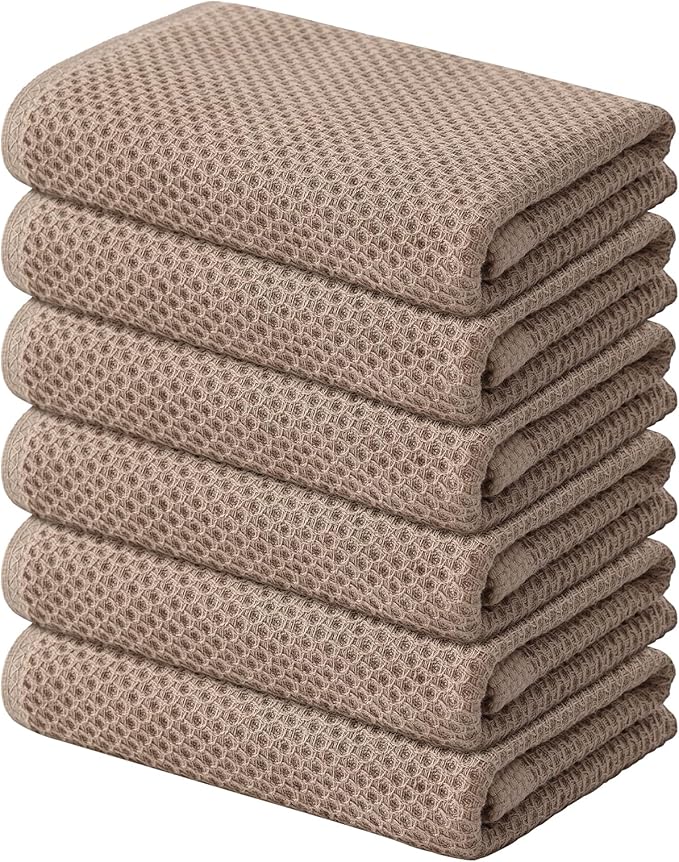 Kitinjoy 100% Cotton Waffle Weave Kitchen Hand Towels (13 X 28 Inches, Tan), 6-Pack Super Soft and Absorbent Dish Towel for Drying Dishes