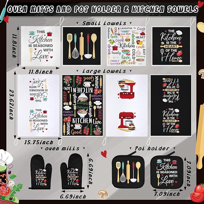 12 Pcs Farmhouse Kitchen Decoration Set 4 Funny Quote Black Kitchen Towels 4 Absorbent Dishcloths 2 Pot Holders 2 Oven Mitts Gloves for Home Decorations Mom Gifts