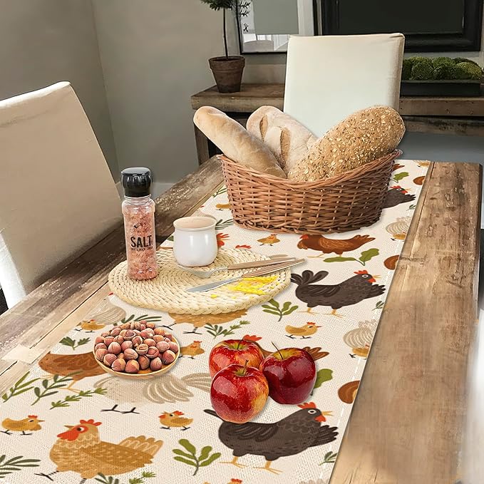 Cute Roosters Chickens Hen Table Runners 70 inches Long Table Runner Elegant Linen Dresser Scarfs Farmhouse Tablerunner for Wedding/Coffee/Dining Table/Party Home Decor