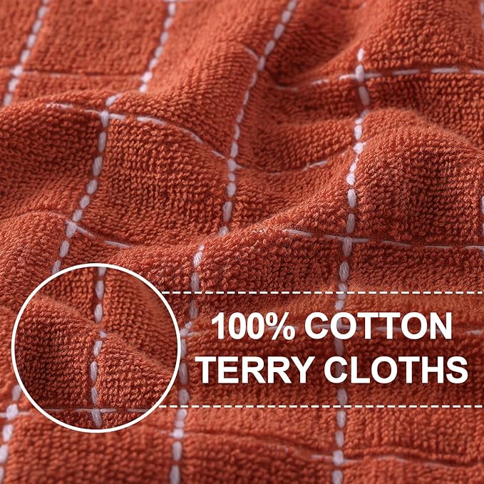 Homaxy 100% Cotton Terry Kitchen Towels(Rust, 13 x 28 inches), Checkered Designed, Soft and Super Absorbent Dish Towels, 8 Pack