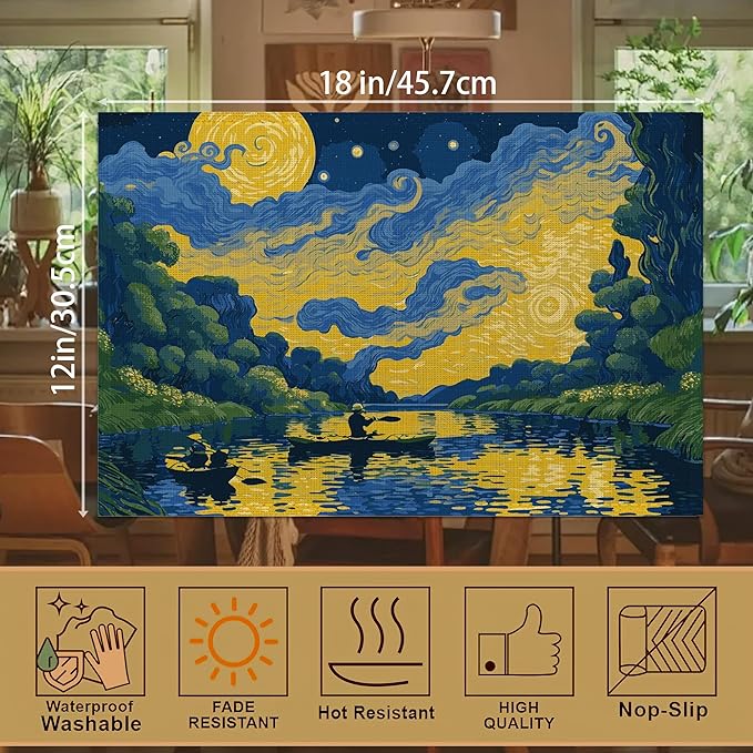 Van Gogh Style Watercolor Painting Placemats, 12 x 18 inch, Linen Table Runner Kitchen Dining Room Decor Holiday Decor Rustic Vintage Waterproof Washable Table Runner Set of 6