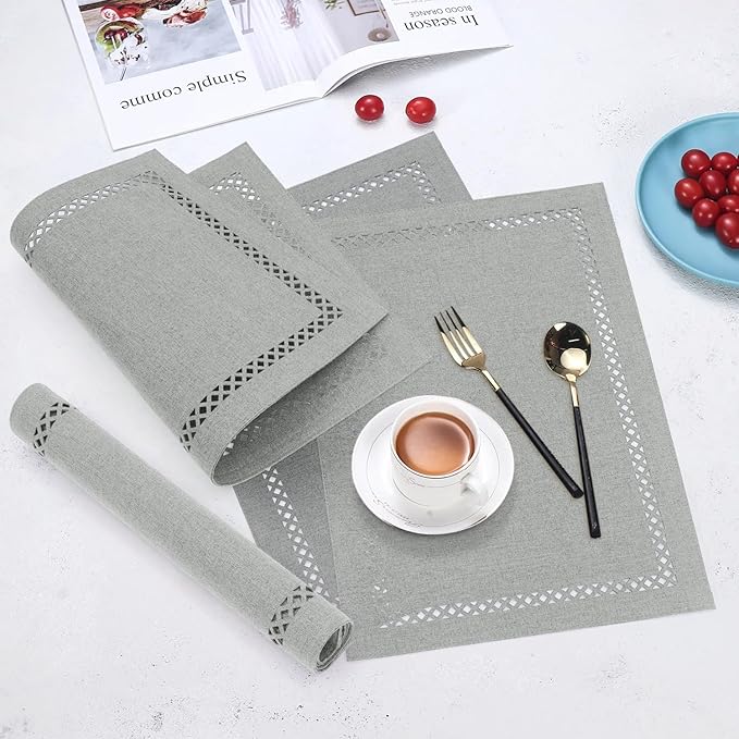 Linen Cloth Placemats Set of 4, HADEEONG 12 x 18 Inch Hollow Edge Place Mats Washable Heat Resistant Placemats Cloth Table Mats for Dining Table Home Decor (Light Grey, 4)
