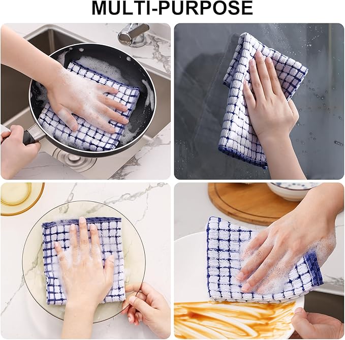 Kitinjoy Cotton 12 Pack Terry Kitchen Dish Cloths, 12 x 12 Inches Super Soft and Absorbent Dish Rags, Quick Drying Dish Towels for Washing Dishes, Blue