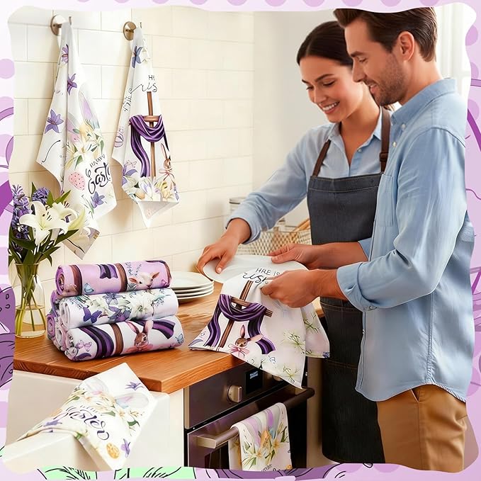 Breling Set of 6 Happy Easter Kitchen Towels Religious Dish Towel Bathroom Decorative Christian Lily Cross Thorny Cloths Easter Decorations for Home Decorations Spring Gift, 14 x 21 Inch