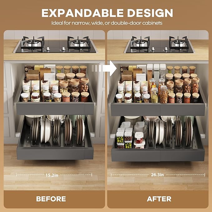 Seinloes 2 Pack Pull out Cabinet Organizer 21" Deep With Raising Pad for Framed Cabinets,Expandable (15.2"-26.3"W) Slide out Drawers for Kitchen Cabinets with 4pcs Divider Racks,Roll out Shelves,Black