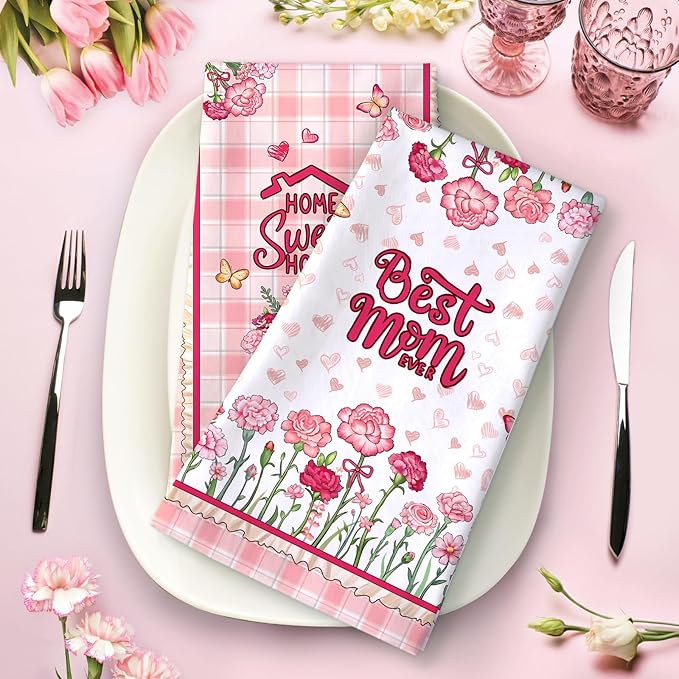 Mother's Day Floral Tea Towels, Cotton Kitchen Towel 18.9 × 27.5 inch, Quick Drying Dish Cloth for Party Anniversary Holiday Decoration, Housewarming Gifts for Mom