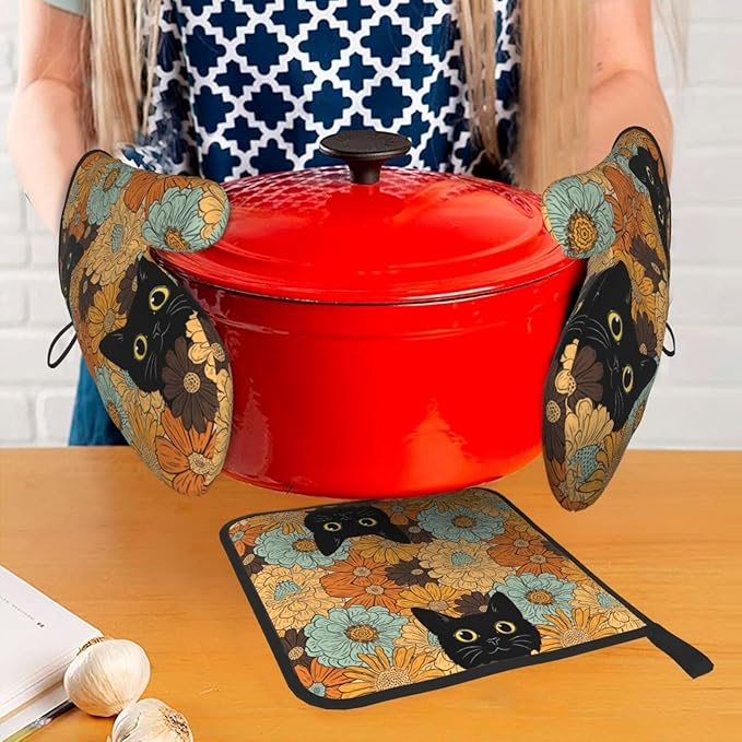 Black Cat Oven Mitts Heat Resistant Set of 3, Retro Orange Floral Oven Gloves and Hot Pads for Cooking Baking Grilling BBQ, Cat Lover Gifts for Women Baker, Cute Kitchen Mitts