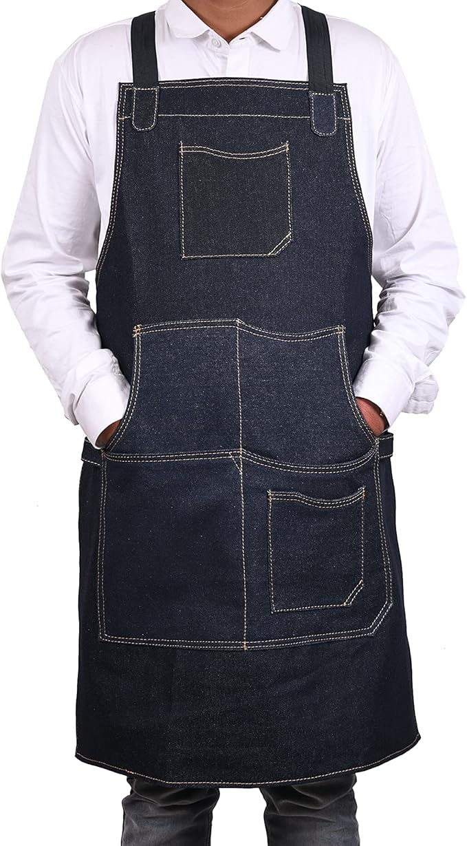 One Size Fits Utility Apron | Adjustable Cross-Back Straps | Multi-Use Shop Apron With Tool Pockets By Aaron Leather Goods (Denim, Cotton)