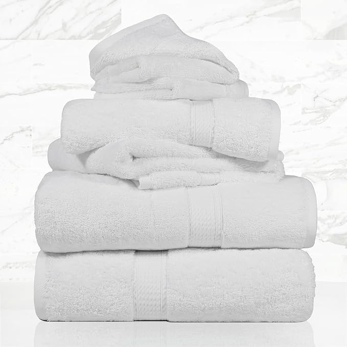 SUPERIOR Egyptian Cotton Pile 6 Piece Towel Set, Includes 2 Bath, 2 Hand, 2 Face Towels/Washcloths, Ultra Soft Luxury Towels, Thick Plush Essentials, Guest Bath, Spa, Hotel Bathroom, White