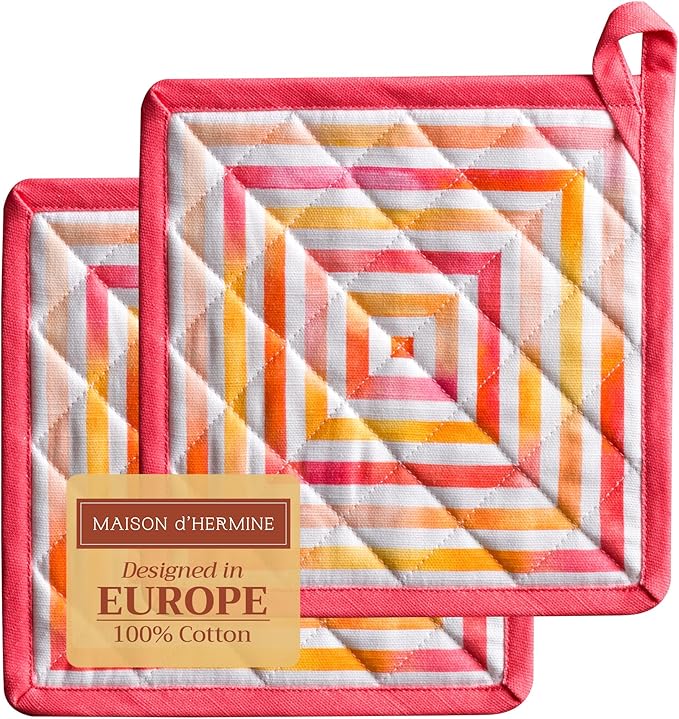 Maison d' Hermine Pot Holders 100% Cotton Heat Resistant Potholders 8" x 8" Hot Pads with Loop BBQ Cooking Baking Gifts for Mothers Day Handling Hot Pans Spring/Summer (Pack of 2, Summer Maze)
