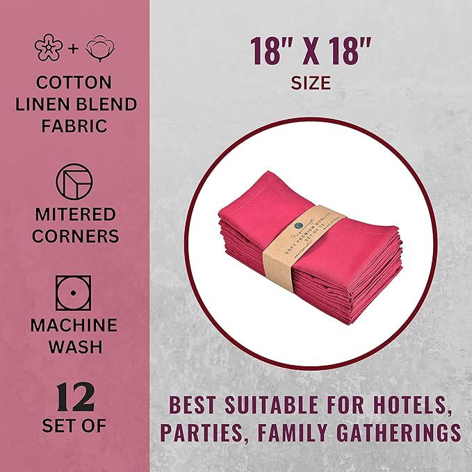 Fingercraft Dinner Cloth Napkins, Cotton Linen Blend Fabric 12 Pack, Premium Quality, Mitered Corners for Every Day Use Napkins are Pre Shrunk and Good Absorbency Easter Special Color Fuchsia
