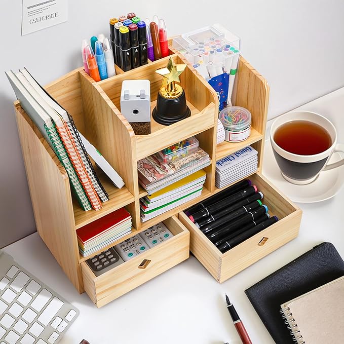 Wooden Desk Organizer with Drawers, Large Countertop Office Supplies Accessories Organization with 10 Compartments, Multifunctional Storage Box Makeup Storage Shelf Rack for Home, Office
