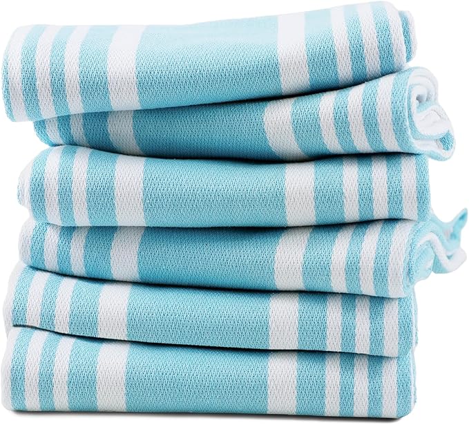 TEXAS LINEN CO. American Stripe Kitchen Towels 100% Cotton Pack of 6, Highly Absorbent Quick Drying, Soft Dish Towels 20x30 Inch for Kitchen with Hanging Loop, Hand & Tea Towel - Aqua & White Striped