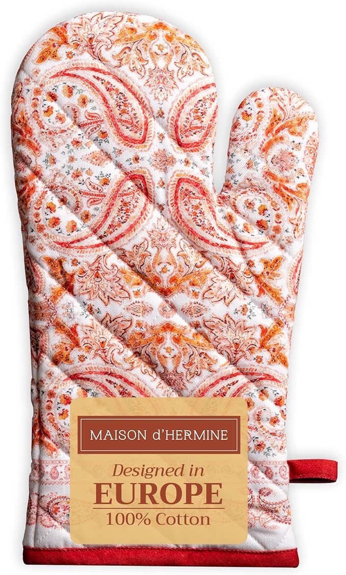 Maison d' Hermine Oven Gloves 100% Cotton Oven Mitt 7" x 13" with Loop Heat Resistant BBQ Cooking Gloves for Thanksgiving Christmas Decorations Baking Handling Hot Pans (Pack of 1, Orient)