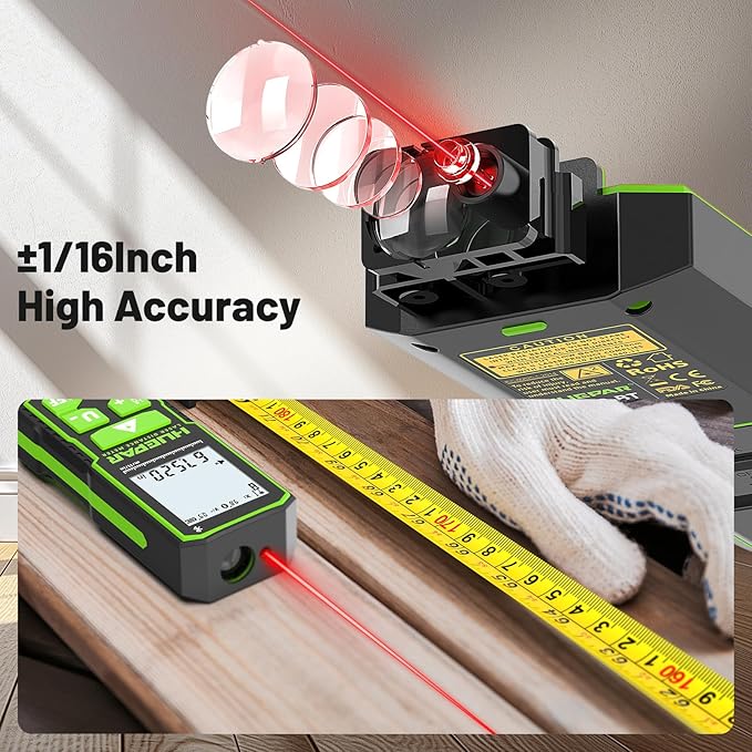 Huepar Laser Distance Measure 330Ft. Digital Rechargeable Laser Measuring Tool with Bluetooth -Phone APP, 1/16in Accuracy, Angle Sensor, M/in/Ft Unit, Pythagorean Mode, Measure Distance, Area, Volume
