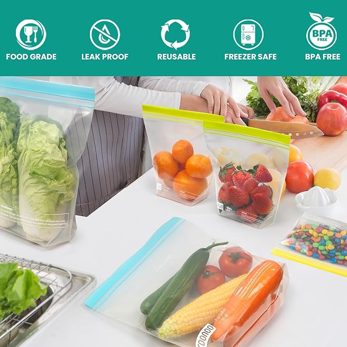 20 Pack Reusable Quart Sandwich Bags, Dishwasher Safe BPA Free Food Storage Bags, Extra Thick Leakproof Plastic Ziplock Bags for Meal Prep Fruits Sandwich Snack