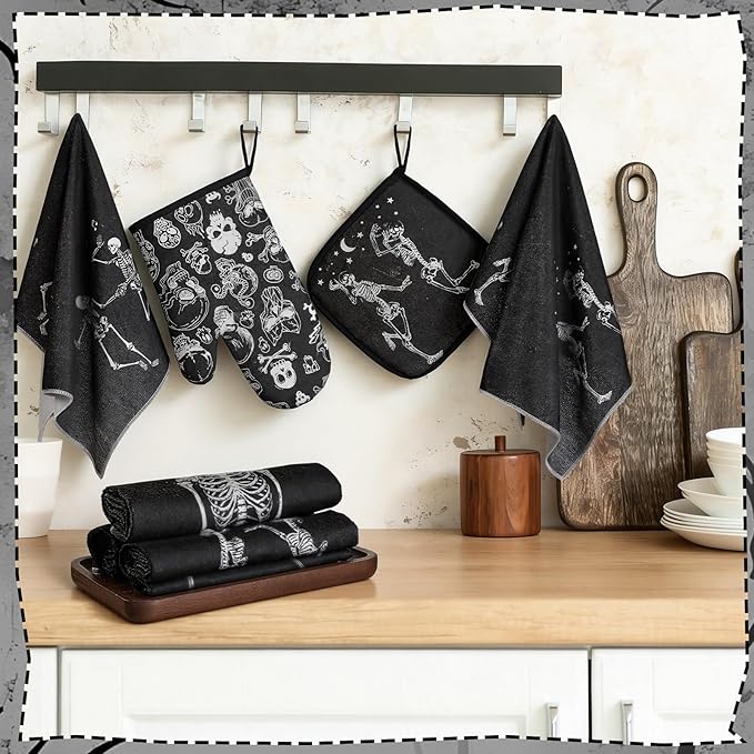 Leinuosen 6 Pcs Skull Kitchen Decor Set, Skull Kitchen Towels Gothic Oven Mitts and Pot Holders Skeleton Hand Dish Towels Horror Oven Mitts for Home Decor Party Gifts (Black,Cool)