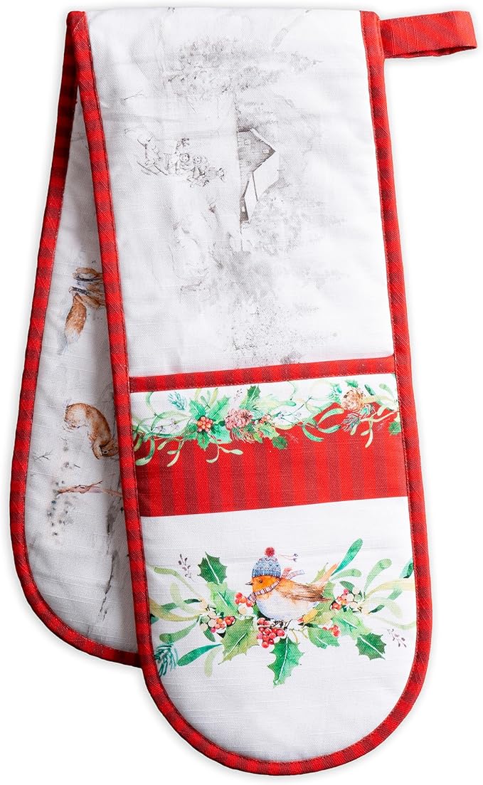 Maison d' Hermine Double Oven Mitt (7" x 35") 100% Cotton Heat Resistant BBQ Cooking Gloves with Loop for Thanksgiving Christmas Decorations Baking Cooking Handling Hot Pan (Christmas Tradition)