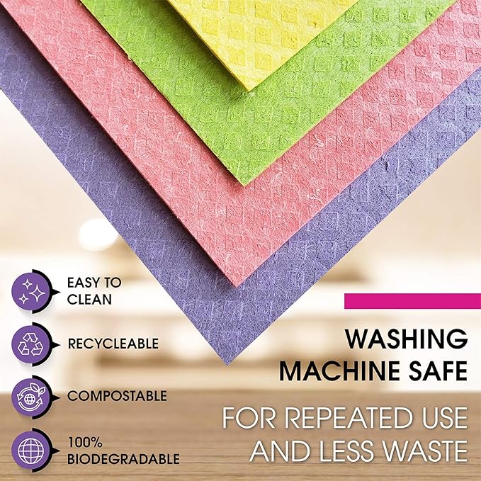 Swedish Dishcloths – Eco-Friendly Reusable Kitchen Towels – 10 Pack Cleaning Cloths for Dishes, Counters & Surfaces – Super Absorbent, Compostable, Zero-Waste Alternative