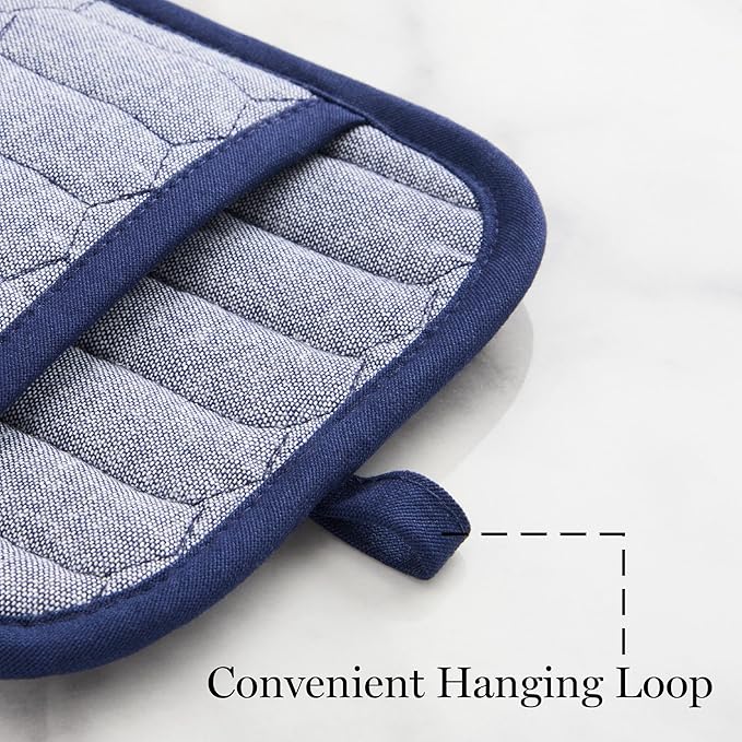 MARTHA STEWART Honeycomb Quilted Chambray Pot Holder 2-Pack Set, 100% Cotton, Flexible Non-Slip Silicone Grip, Heat Resistant, Navy Blue, 7"X10"