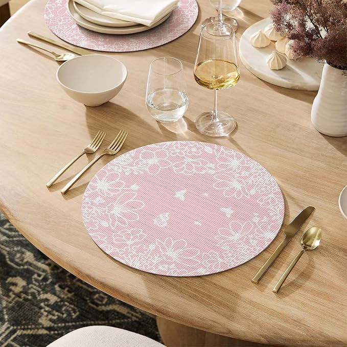 Artoid Mode Pink Leaves Vinyl Round Placemats Set of 4, 14 Inch Washable Non-Slip Heat Resistant Woven Plastic Spring Table Mats for Party Kitchen Dining Decor