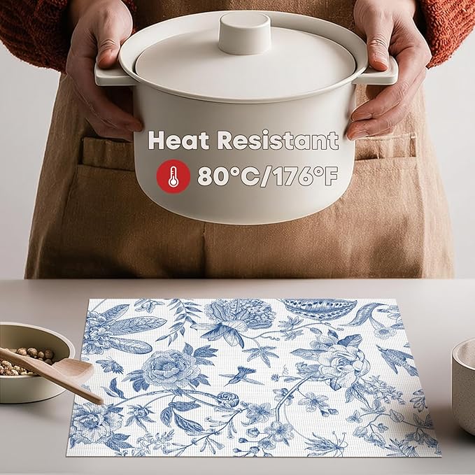 Artoid Mode Blue Floral Brids Spring Vinyl Placemats Set of 4, Washable Heat Resistant Non-Slip Woven Plastic PVC Place Mats for Farmhouse Holiday Party Dining Table Decor