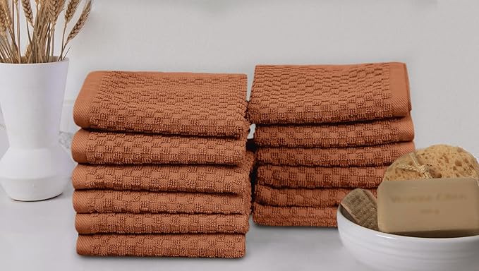 COTTON CRAFT Waffle Weave Wash Cloth - 12 Pack Luxurious Pure Ringspun Cotton Euro Spa Bathroom Face Towel - Absorbent Quick Dry Gym Shower Bath Kitchen Travel - 12x12 inches - Mocha