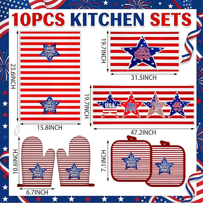 VitalCozy 10 Pcs Patriotic Kitchen Decor Set 4th of July Kitchen Towels and Rugs Pot Holders Oven Mitts Set for Independence Day Gift Cooking Baking Grilling Housewarming