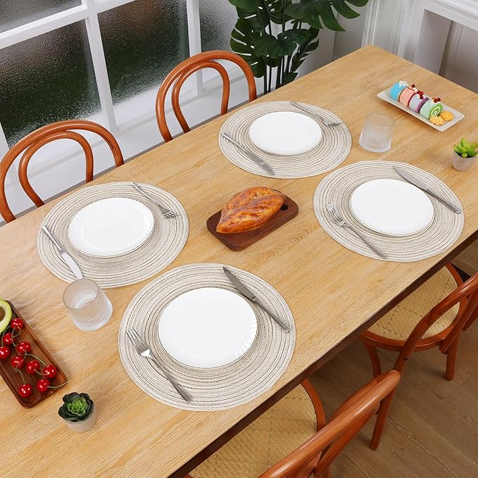 SHACOS Round Placemats Set of 6 Braided Circle Place Mat Washable 15 inch Table Mats for Kitchen Dining Table Decor Mixed Color (Ivory, 6)