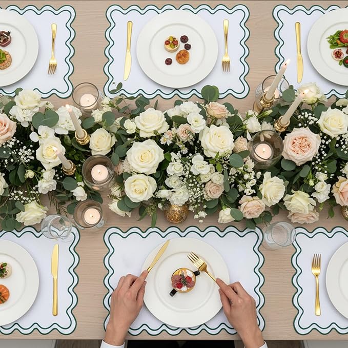 HunnmingRe Set of 6 Cotton Linen Placemats, 13x19 Inch Scalloped Wavy Embroidery Placemat Double Layered Washable Rustic Rectangle Dinner Table Mats for Wedding Home Decor(White with Dark Green)