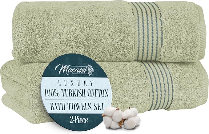 Mocassi Luxury 100% Turkish Cotton 2-Pack Bath Towel Set- Ultra Soft, Quick Dry Highly Absorbent 27 x 54 inch Premium Spa Hotel Quality 2PC Bath Towels - Luxurious Soft Bathroom Towels, Mint Green