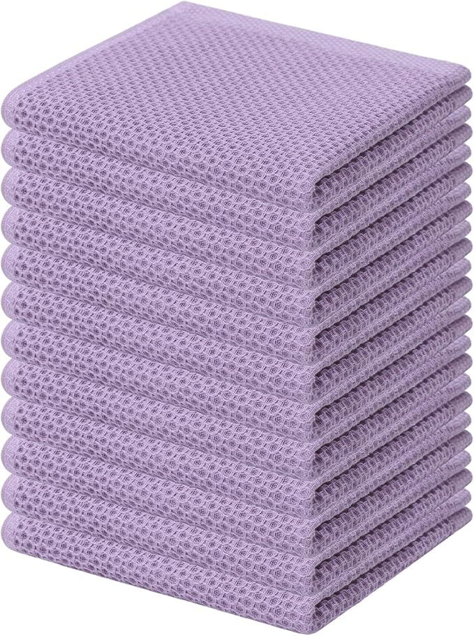 Kitinjoy 100% Cotton Kitchen Dish Cloths (12 X 12 Inches, Lavender), 12 Pack Waffle Weave Ultra Soft Absorbent Dish Towels for Drying Dishes Quick Drying Kitchen Towels Dish Rags