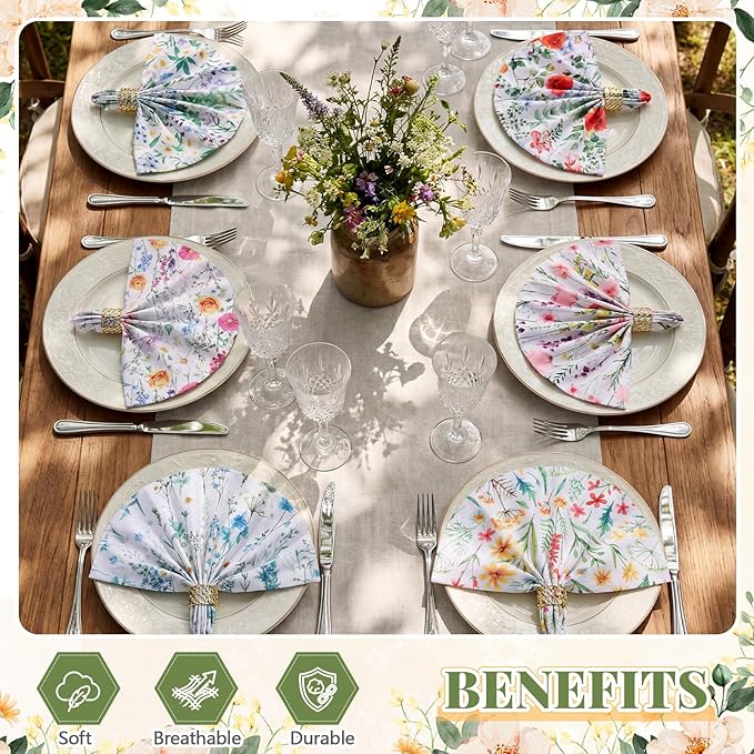 Nuogo 36 Sets Wildflowers Cloth Napkins 15" x 15" Floral Dinner Cloth Napkins Reusable Spring Floral Fabric Hand Towels for Wildflowers Spring Garden Baby Shower Party Table Decor
