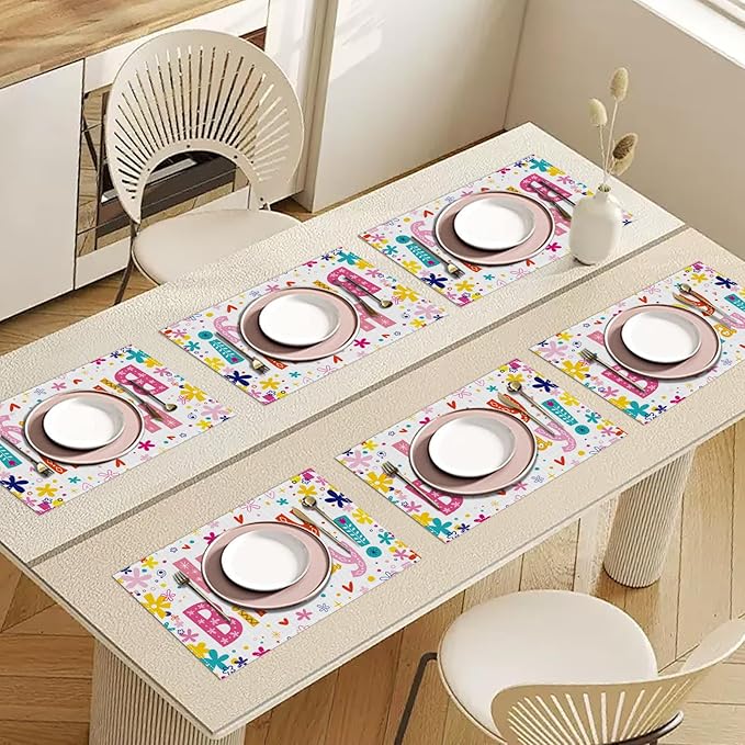 Happy Birthday Placemats Set of 6, Washable Heat Resistant Table Mat Linen Place Mats for Party Kitchen Dining Home Decor 12x18 Inch