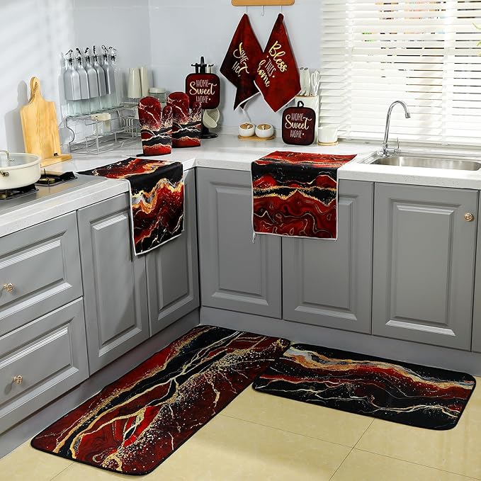 Fourluoo 10 Pcs Kitchen Dish Towels Rugs Oven Mitts and Pot Holders Kit Farmhouse Kitchen Decor Set Gloves Vintage Potholders for Baking Cooking Chef(Red,Modern)
