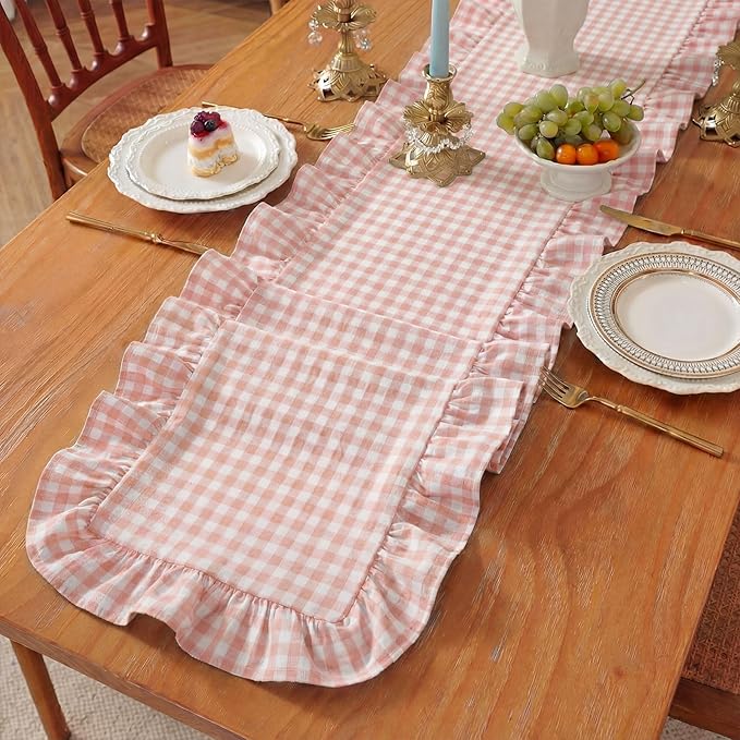 HunnmingRe 1 Pcs Light Pink Plaid Gingham Ruffle Table Runner 118 x 13.8'' Farmhouse Easter Table Runner 100% Cotton Scalloped Long Dresser Scarves for Dining Room, Wedding, Kitchen Rustic Home Decor
