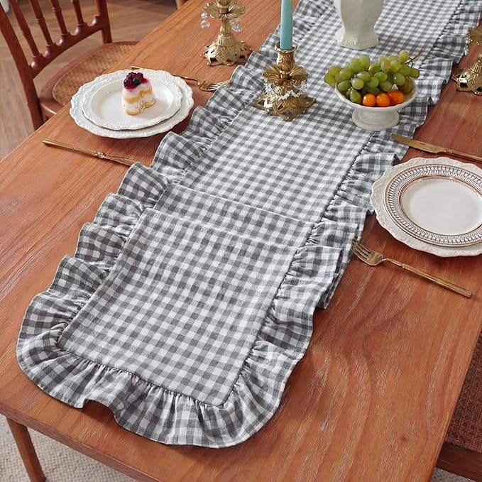 HunnmingRe 1 Pcs Light Grey Plaid Gingham Ruffle Table Runner 72 x 13.8'' Farmhouse Table Runner 100% Cotton Scalloped Long Dresser Scarves for Dining Room, Wedding, Kitchen Rustic Home Decor