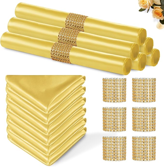 100 Pack Gold Satin Napkins and Napkin Rings Set, 12 x 12 Inch Silky Soft Cloth Napkins Set of 50, Square Satin Dinner Table Napkins Bulk for Wedding Banquet Graduation Party Decoration